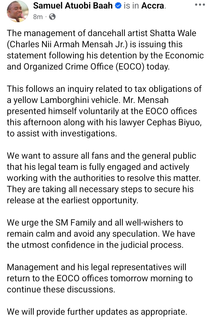 Staement on Shatta Wale's detainment