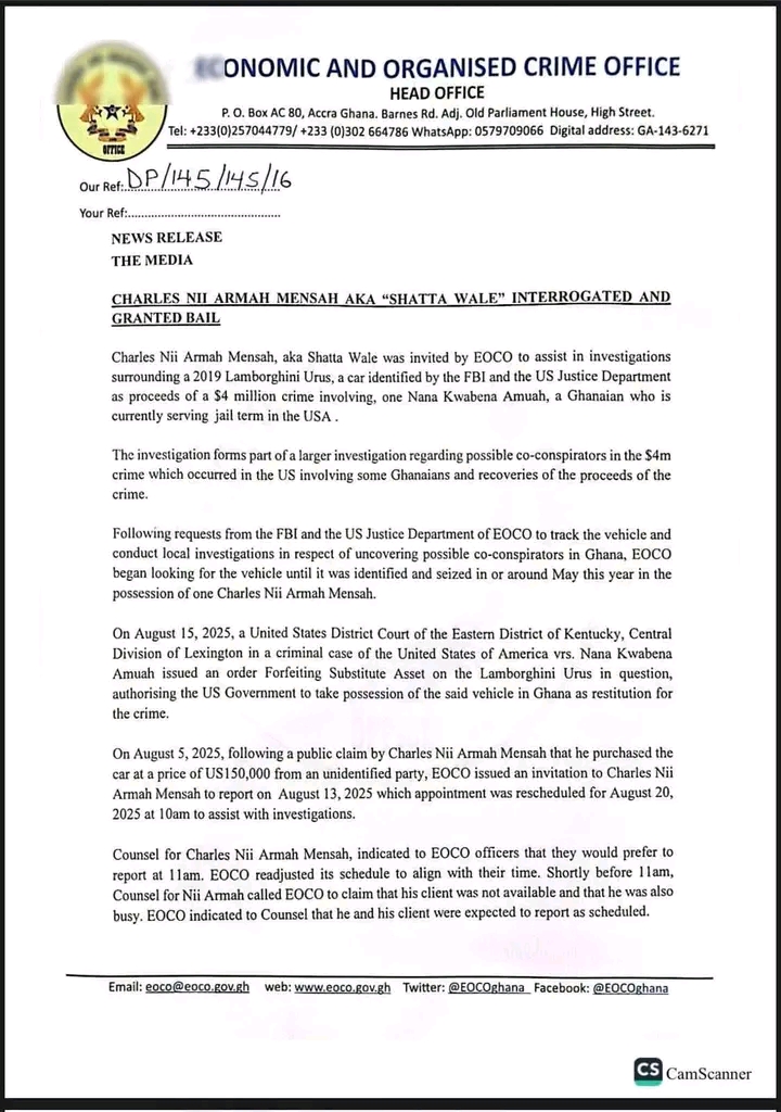 EOCO Statement on Shatta Wale 