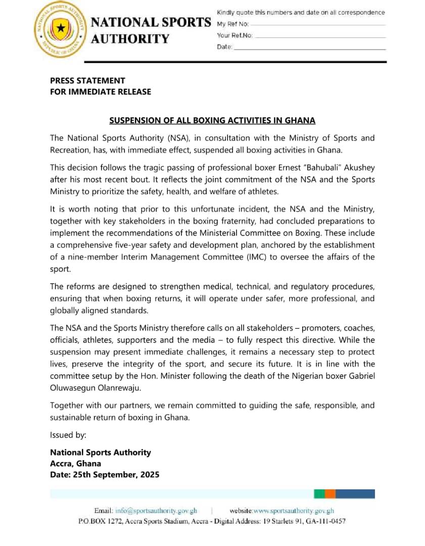 NSA statement on suspension of boxing in Ghana
