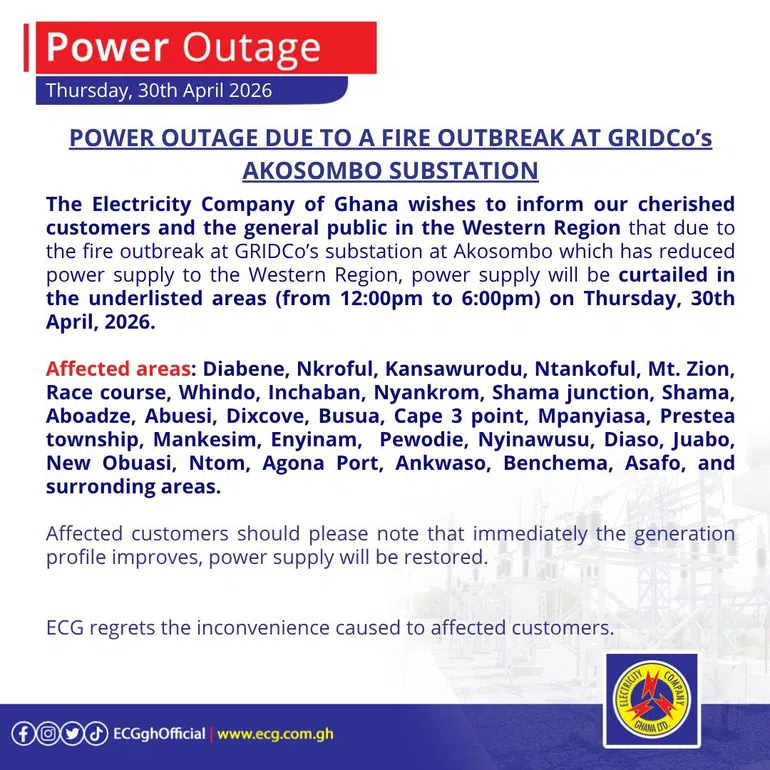 ECG announces power outages in Western Region today – See affected areas