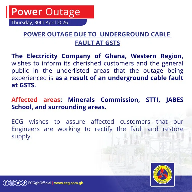 ECG announces power outages in Western Region today – See affected areas
