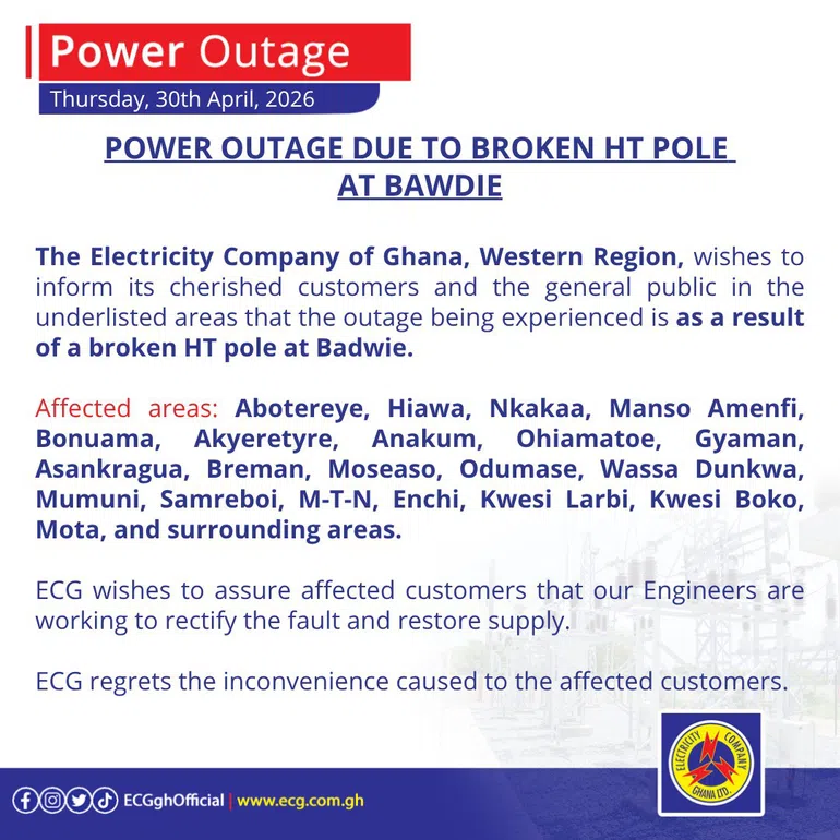 ECG announces power outages in Western Region today – See affected areas
