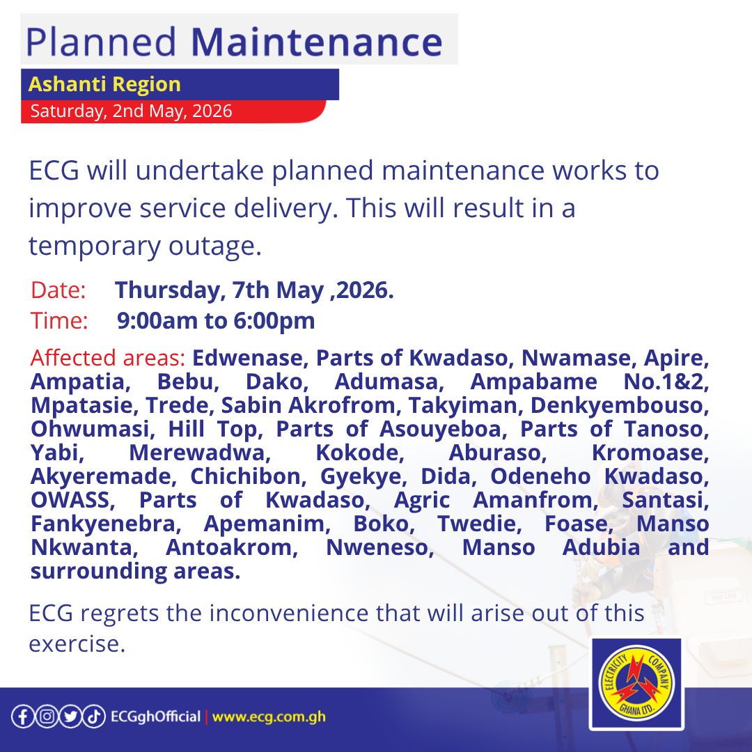 ECG planned May 7 maintenance in Kumasi