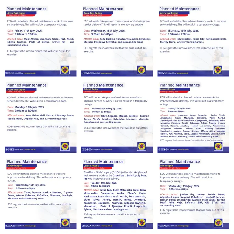 ECG announces emergency maintenance as power outages hit Accra, Central and Ashanti regions - See affected areas