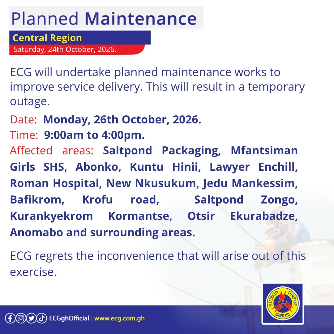 ECG announces power outages in Central, Accra, Tema, and Volta from October 26 to 30 