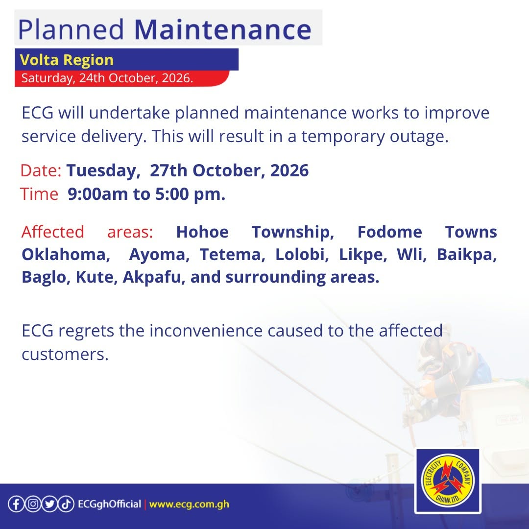 ECG announces power outages in Central, Accra, Tema, and Volta from October 26 to 30 -