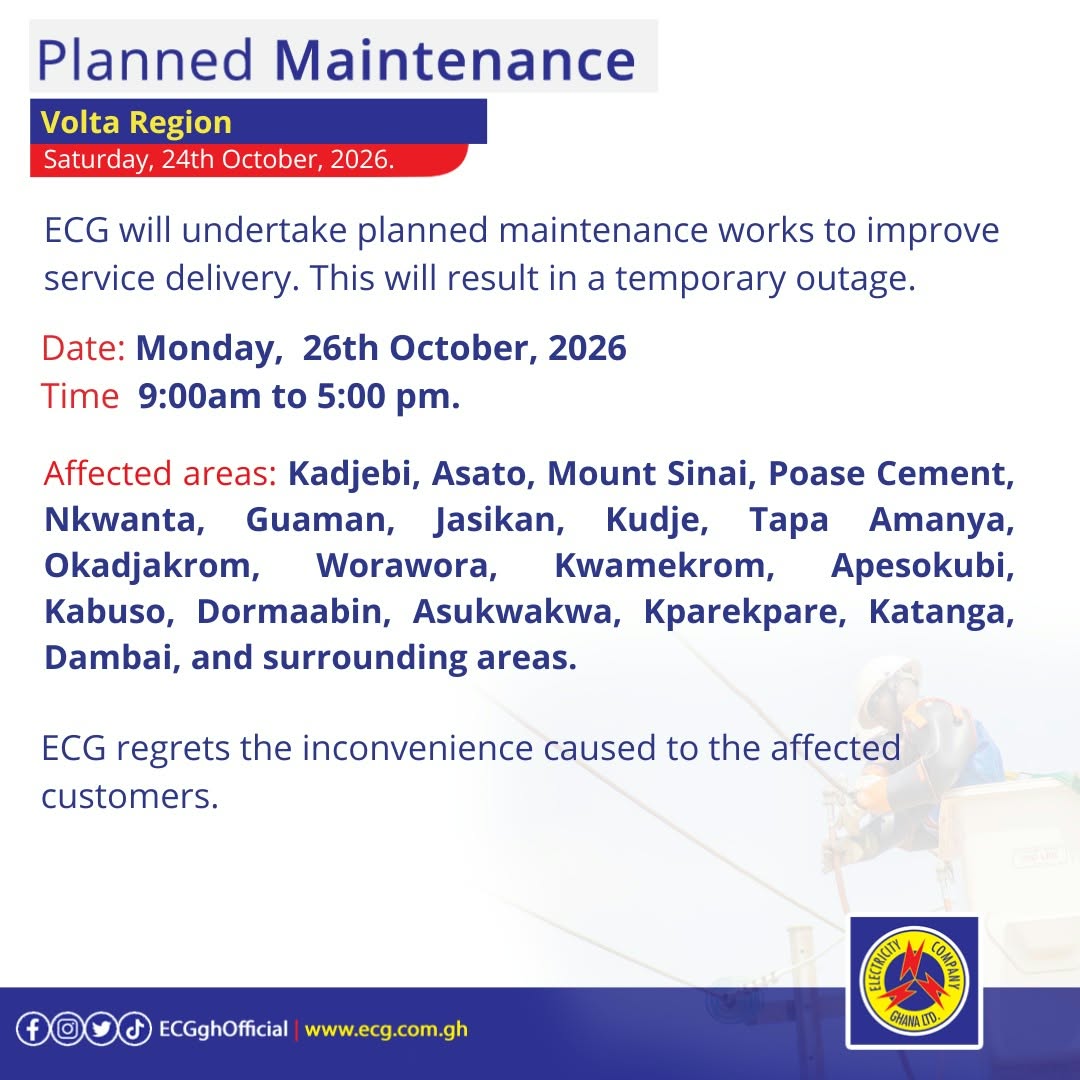 ECG announces power outages in Central, Accra, Tema, and Volta from October 26 to 30 -