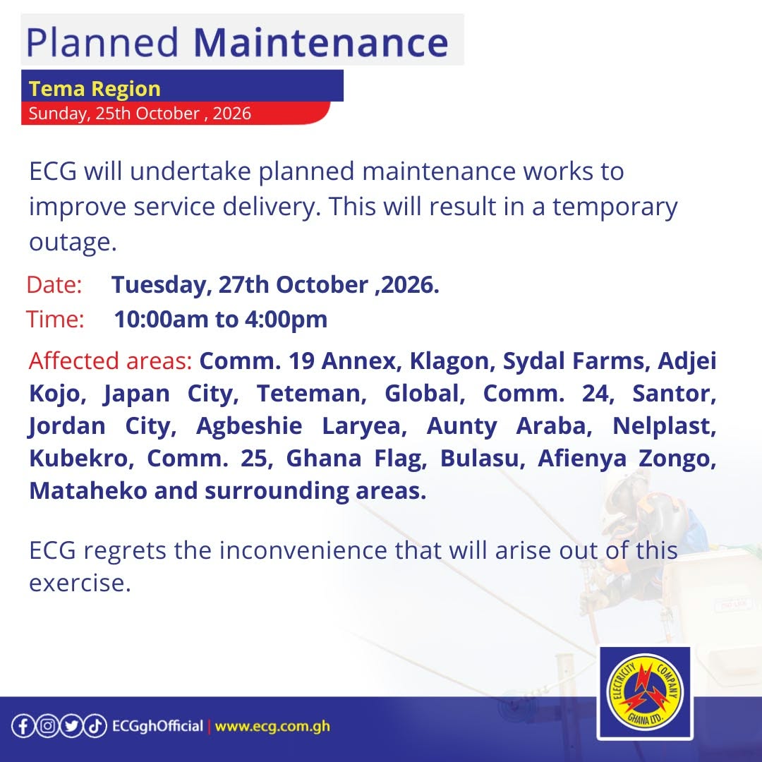 ECG announces power outages in Central, Accra, Tema, and Volta from October 26 to 30 -
