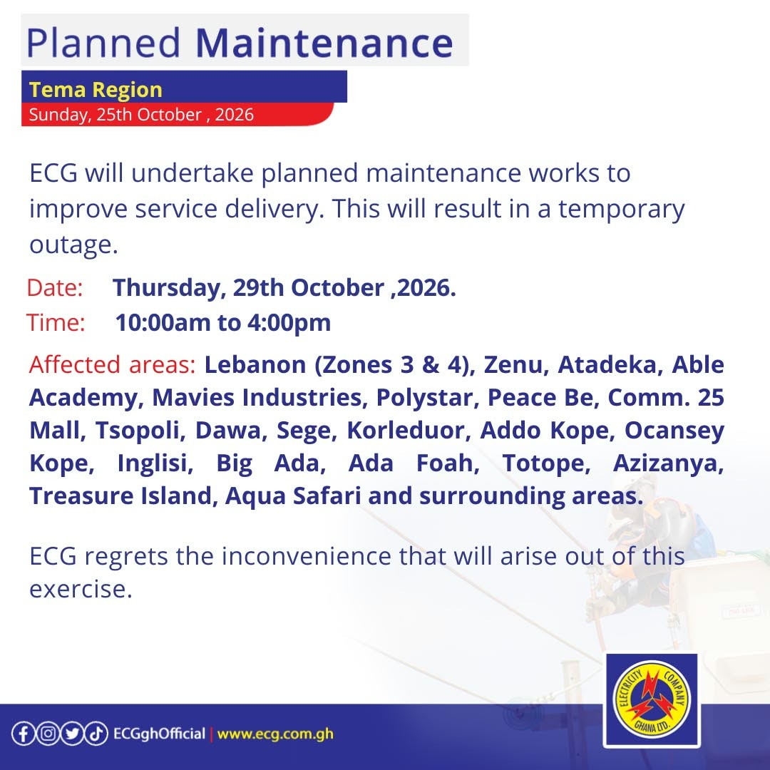 ECG announces power outages in Central, Accra, Tema, and Volta from October 26 to 30 -